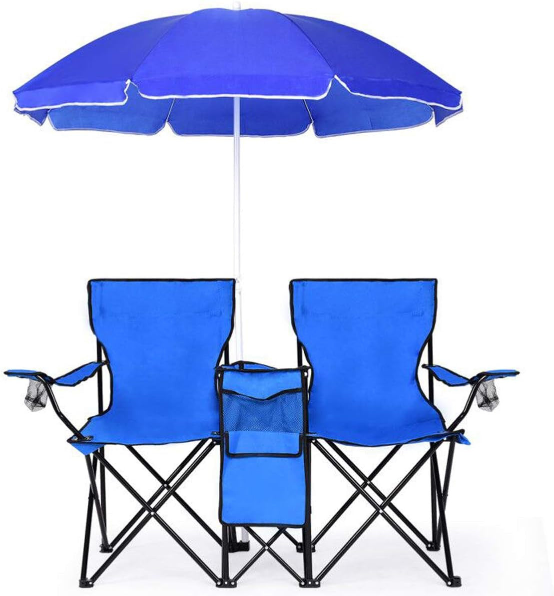 Double Camping Chair with Umbrella, Folding Loveseat Chairs W/Canopy Shade, Carrying Bag, Table, Cup Holder, Portable Beach Chairs Outdoor Picnic Patio (Blue)