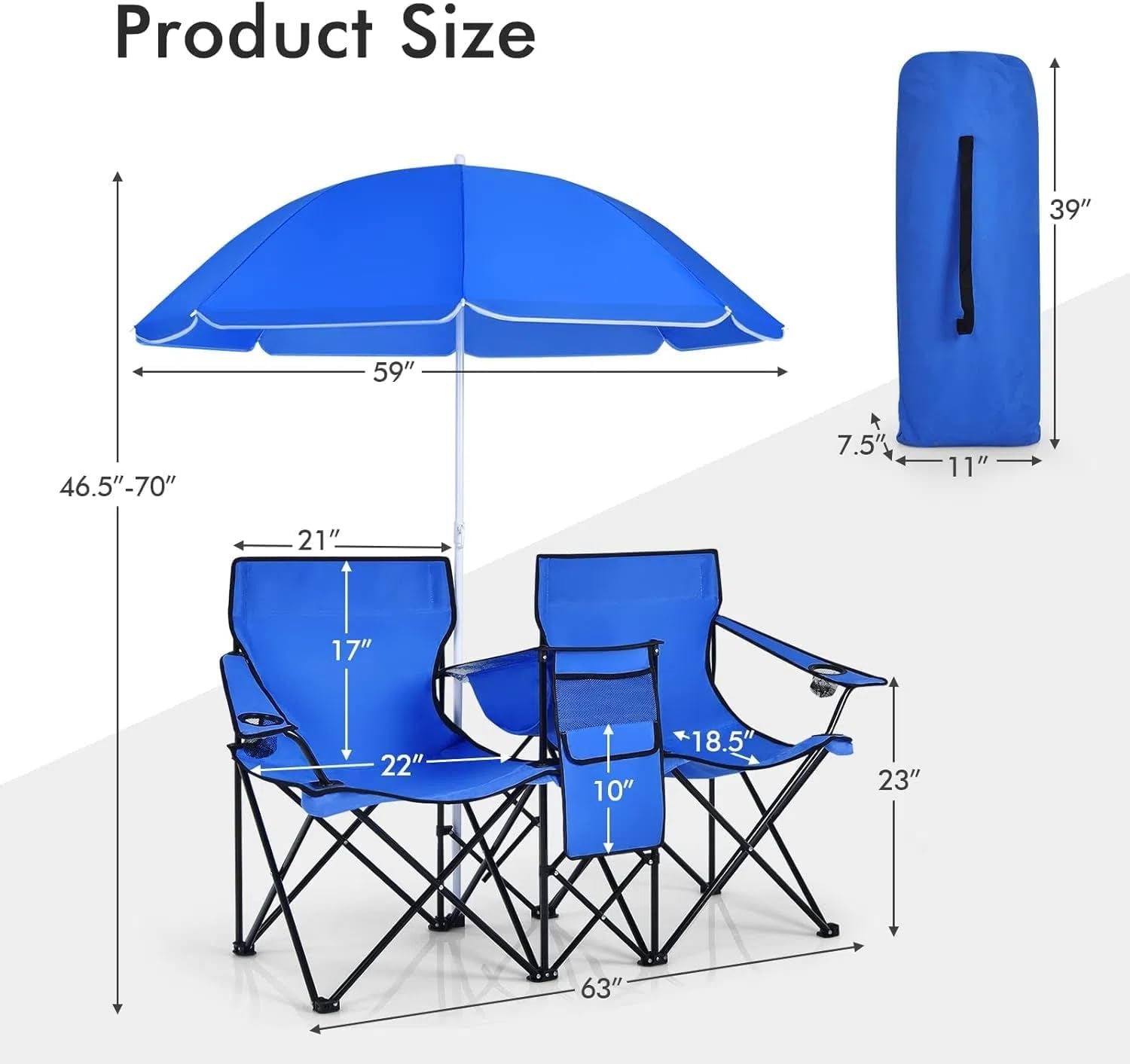 Double Camping Chair with Umbrella, Folding Loveseat Chairs W/Canopy Shade, Carrying Bag, Table, Cup Holder, Portable Beach Chairs Outdoor Picnic Patio (Blue)