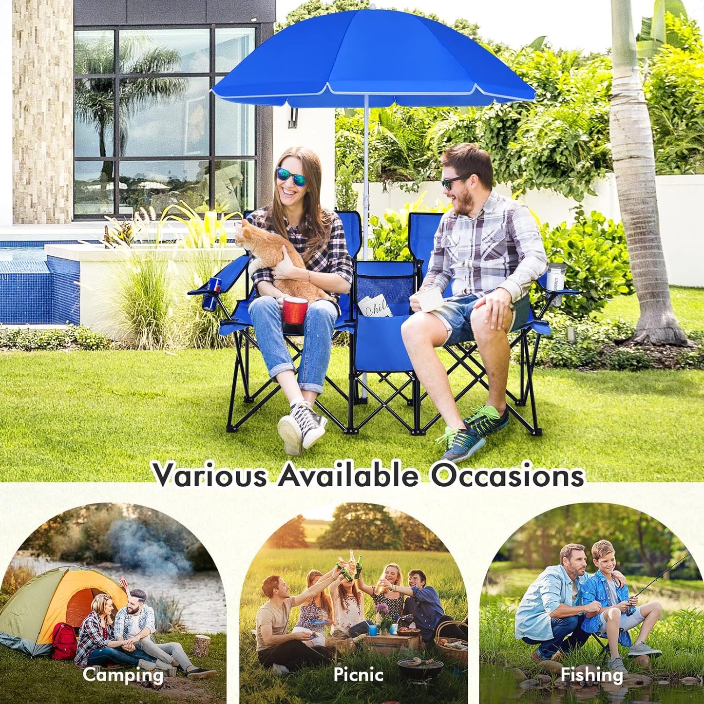 Double Camping Chair with Umbrella, Folding Loveseat Chairs W/Canopy Shade, Carrying Bag, Table, Cup Holder, Portable Beach Chairs Outdoor Picnic Patio (Blue)