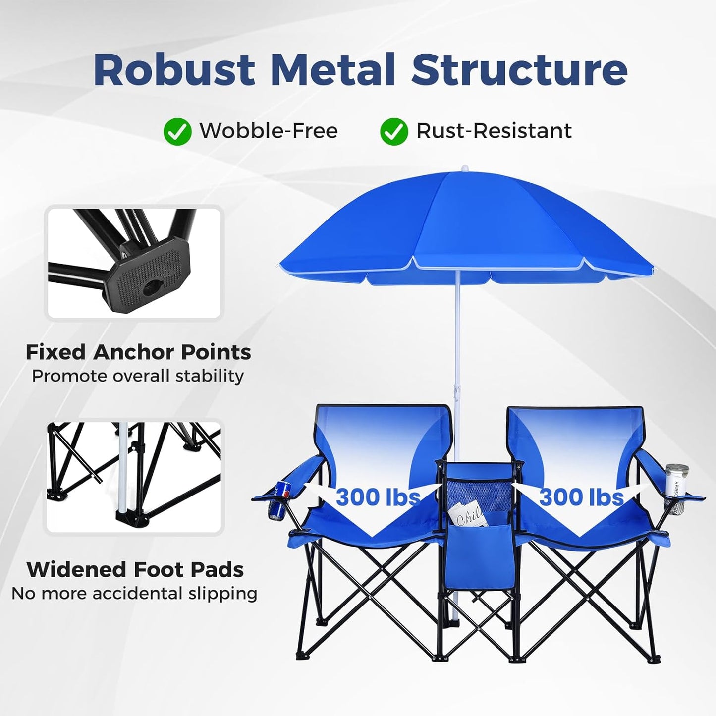 Double Camping Chair with Umbrella, Folding Loveseat Chairs W/Canopy Shade, Carrying Bag, Table, Cup Holder, Portable Beach Chairs Outdoor Picnic Patio (Blue)