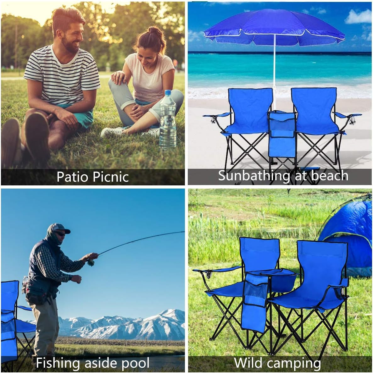 Double Camping Chair with Umbrella, Folding Loveseat Chairs W/Canopy Shade, Carrying Bag, Table, Cup Holder, Portable Beach Chairs Outdoor Picnic Patio (Blue)