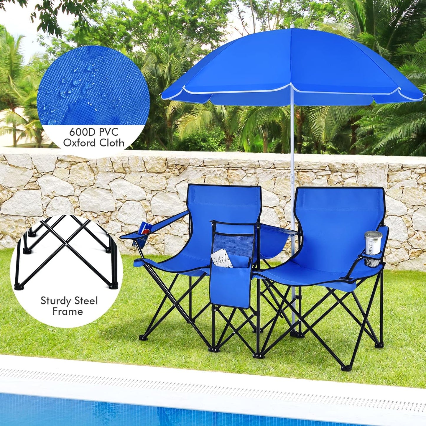 Double Camping Chair with Umbrella, Folding Loveseat Chairs W/Canopy Shade, Carrying Bag, Table, Cup Holder, Portable Beach Chairs Outdoor Picnic Patio (Blue)